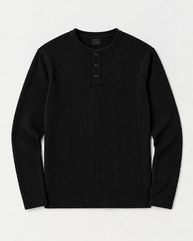 Black Full Sleeves Waffle Knit Henley