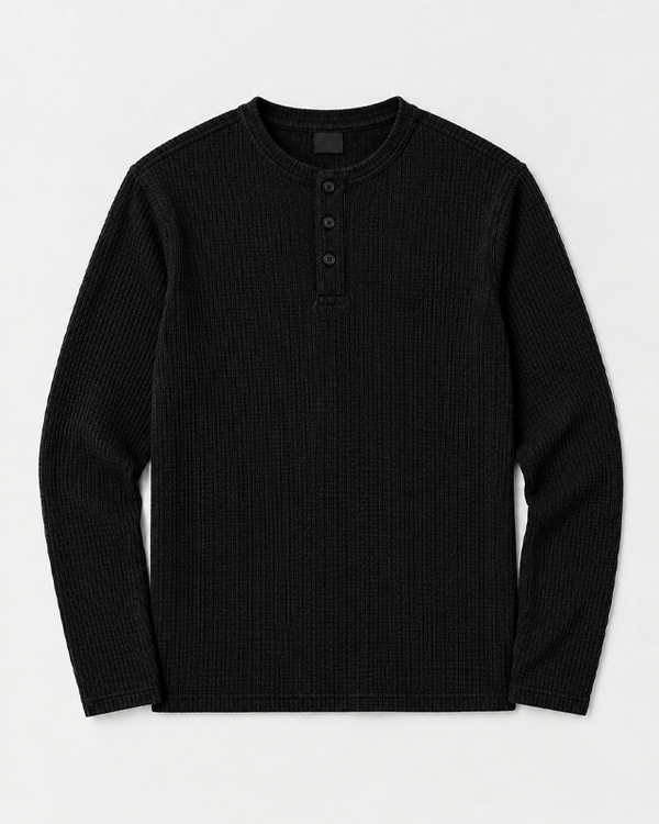 Black Full Sleeves Waffle Knit Henley