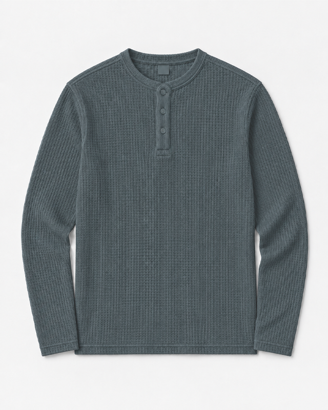 Brushed Steel Full Sleeves Waffle Knit Henley