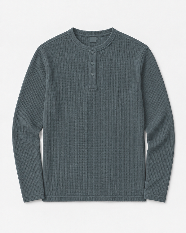 Brushed Steel Full Sleeves Waffle Knit Henley