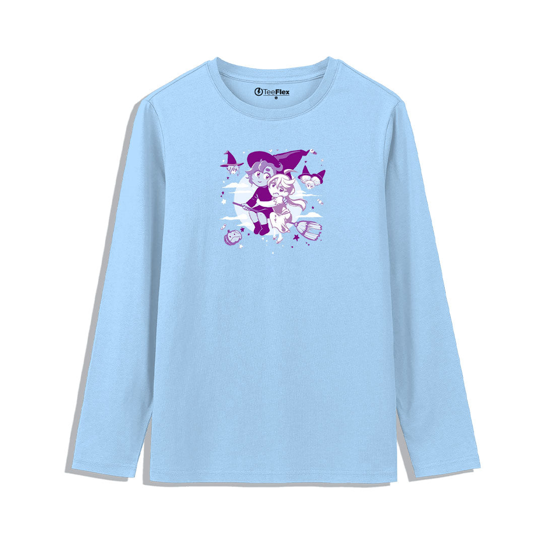 Light blue long-sleeve shirt with cartoon character design on a white background