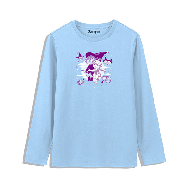 Light blue long-sleeve shirt with cartoon character design on a white background