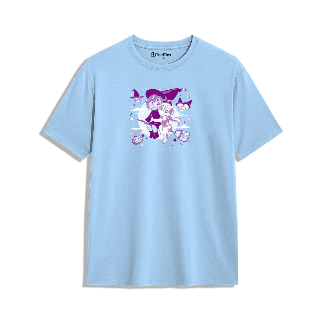 Light blue t-shirt with a colorful graphic design on a white background