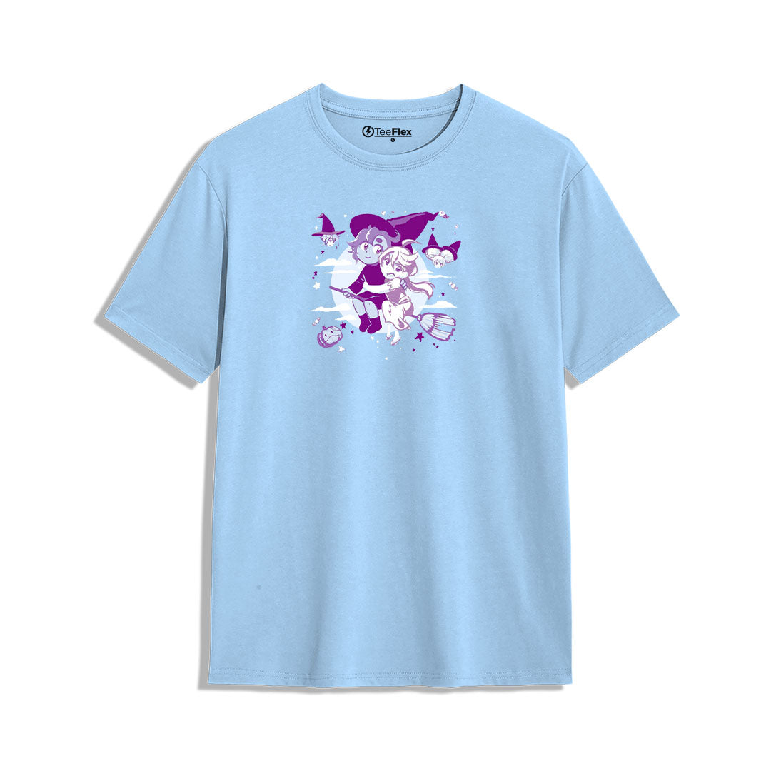 Light blue t-shirt with a colorful graphic design on a white background