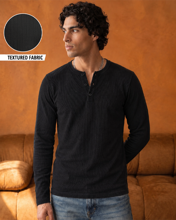 Black Full Sleeves Waffle Knit Henley