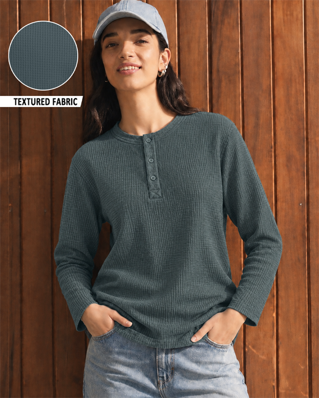 Brushed Steel Full Sleeves Waffle Knit Henley
