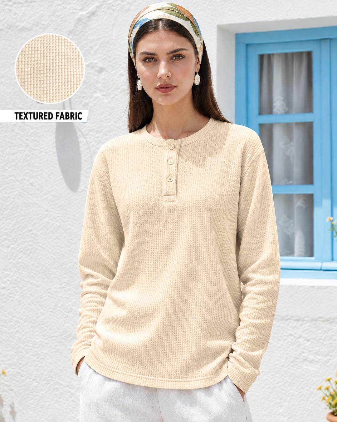 Ecru Full Sleeves Waffle Knit Henley