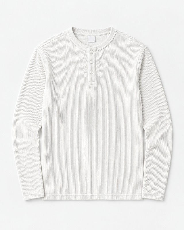 White Full Sleeves Waffle Knit Henley