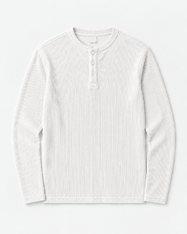 White Full Sleeves Waffle Knit Henley