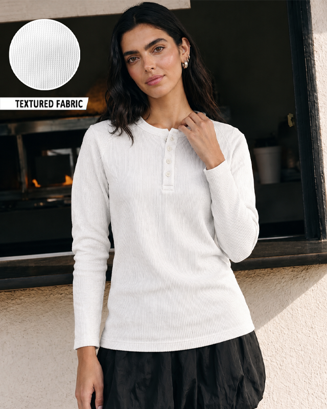 White Full Sleeves Waffle Knit Henley