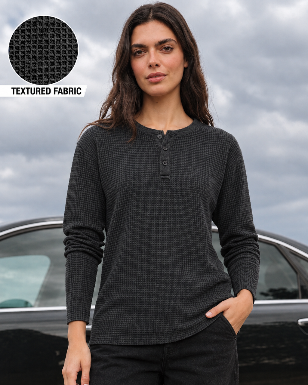 Charcoal Full Sleeves Waffle Knit Henley