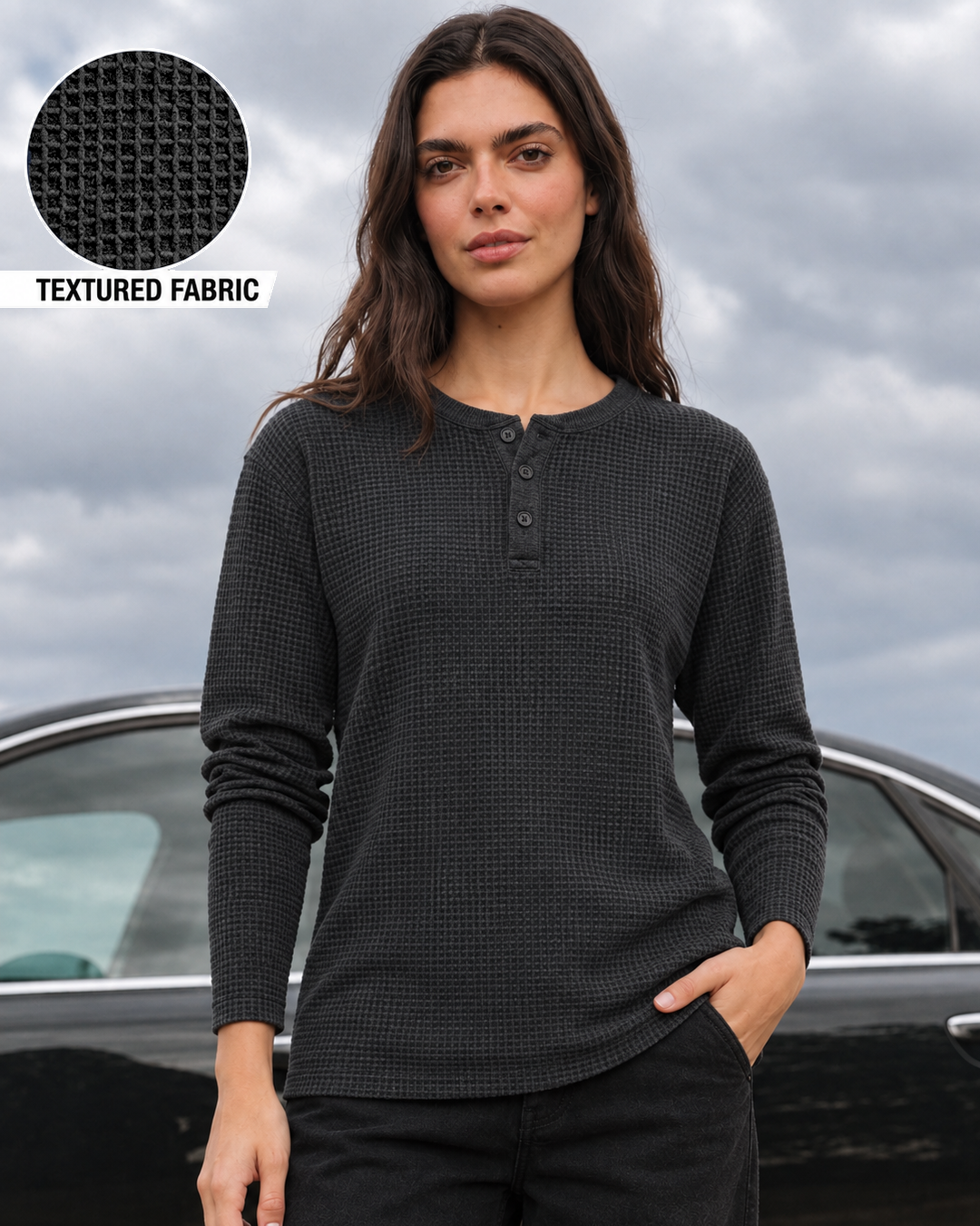 Charcoal Full Sleeves Waffle Knit Henley